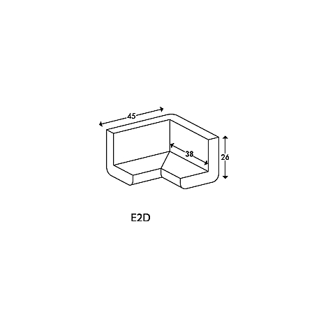 Isometric view of a corner element with dimensions: 45x38x26 cm. The code E2D is at the bottom in capital letters.