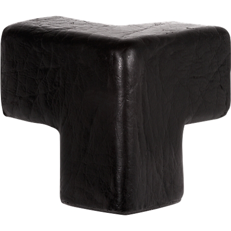 Black leather corner protector, shaped at a 90 degree angle.