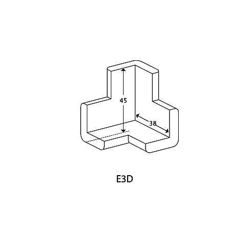 Drawn 3D shape, L-shaped, with dimensions: 45 mm high, 38 mm wide. "E3D" is written below.