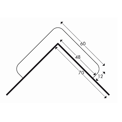 Schwarz-weiß Diagramm eines Winkels mit Bemaßungen: 70, 48, 60 und 12 Einheiten. Dazu eine abgerundete Form.