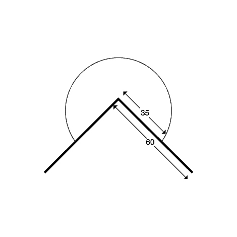 Représentation graphique d'un angle avec une pointe arrondie, entouré d'un cercle ; les côtés sont annotés avec des chiffres.