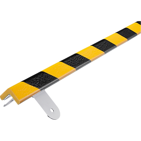 Yellow and black corner protection with metal bracket. The product is designed to be mounted on walls or edges.