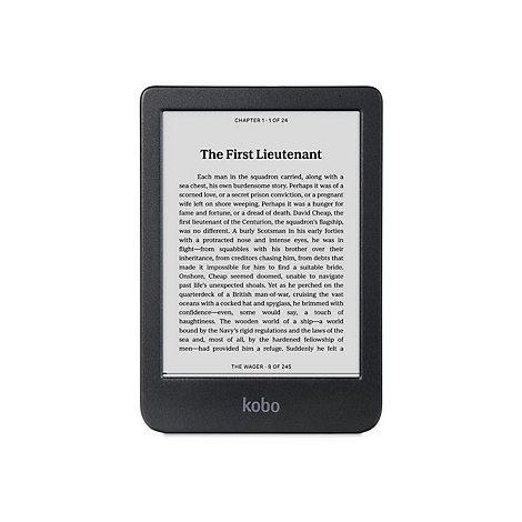 Schwarzer Kobo E-Reader zeigt eine Textseite aus dem Buch 'The First Lieutenant' auf dem Display.