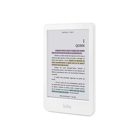 Ein weißer Kobo E-Reader zeigt eine Textseite mit farblich markierten Abschnitten auf weißem Hintergrund.