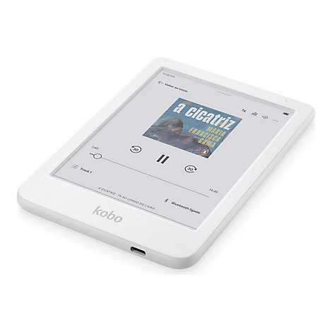 Ein weißer Kobo E-Reader vor weißem Hintergrund zeigt eine Audiobook-Steuerung auf dem Display.