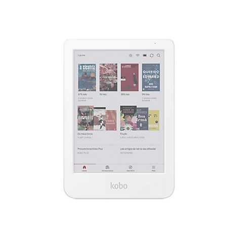 Ein weißer Kobo eBook-Reader mit einer Anzeige von Buch-Covern auf dem E-Ink-Display.