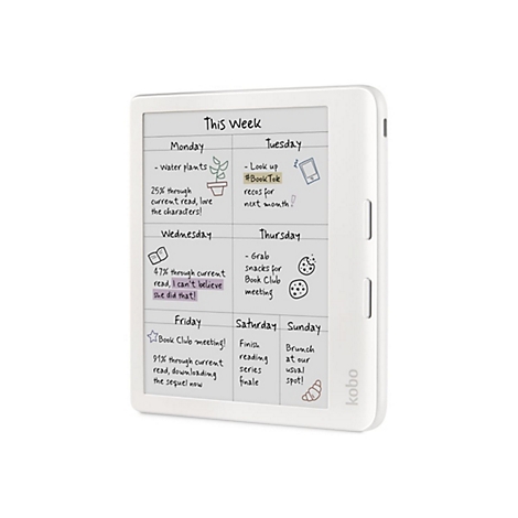 Weißer Kobo E-Reader zeigt einen handschriftlich ausgefüllten Wochenplaner auf dem Bildschirm.