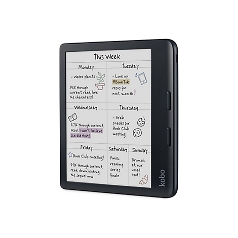 Schwarzer Kobo E-Reader zeigt einen handschriftlichen Wochenplaner auf dem Bildschirm.