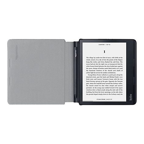 Ein offenes E-Reader-Gerät mit grauem Cover und Stift. Auf dem Bildschirm ist Text abgebildet. Der Hintergrund ist weiß.