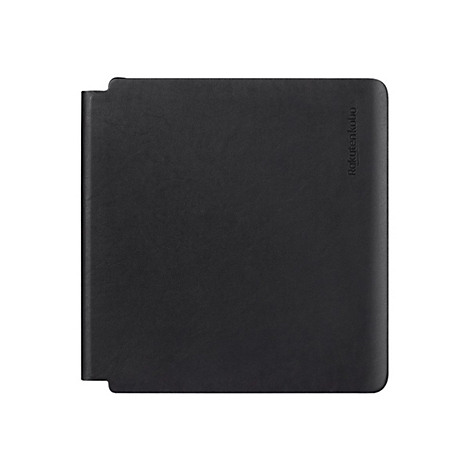 Schwarzes Kobo-E-Reader-Cover mit eingeprägtem Markennamen. Geöffnete linke Seite, lederartige Oberfläche.