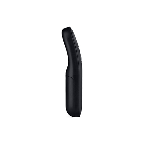 Téléphone sans fil noir, vue latérale, sur fond blanc. Le combiné a une forme incurvée.