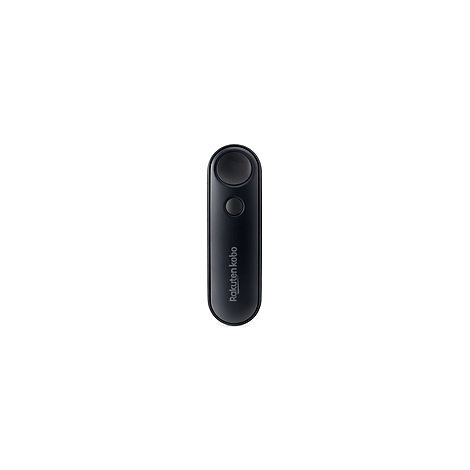 Lecteur Kobo noir avec deux boutons en haut. L'inscription Rakuten kobo est imprimée en bas.