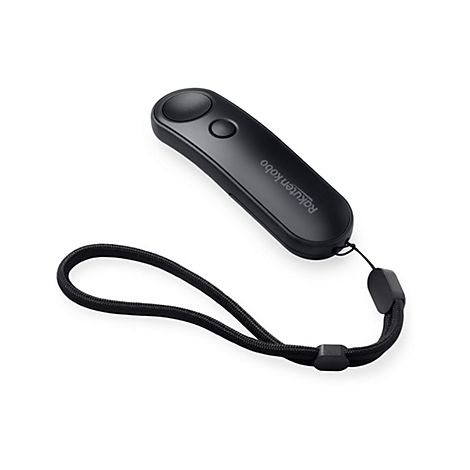 Ein schwarzes Rakuten Kobo-Lesegerät mit Handgelenksschlaufe. Auf dem Gerät steht "Rakuten Kobo".