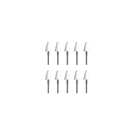 Zehn weiße Stiftspitzen auf weißem Hintergrund. Jede Spitze hat eine konische Form, die auf einer silbernen Metallspitze sitzt.