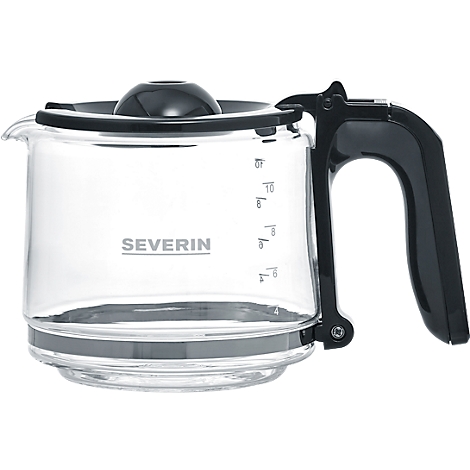 Glazen koffiepot met zwart handvat en deksel. Inscriptie SEVERIN, schaalverdeling voor vulhoeveelheid.