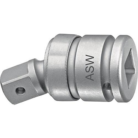 Een metalen gewrichtadapter, lichtjes schuin, met het opschrift "ASW". Vierkante openingen aan beide uiteinden.