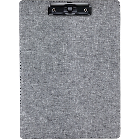 Gray clipboard with a black clip mechanism. The surface has a fabric structure.