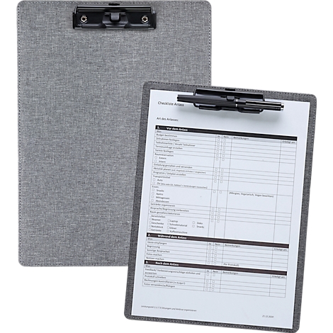 Two gray clipboards; one with paper and text, the other empty.