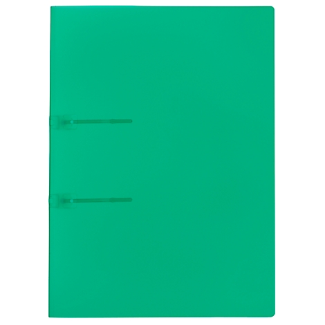 A green binder with two metal clips.