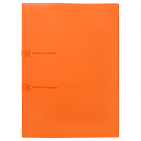 An orange file folder, front view. Two silver clips for closing.