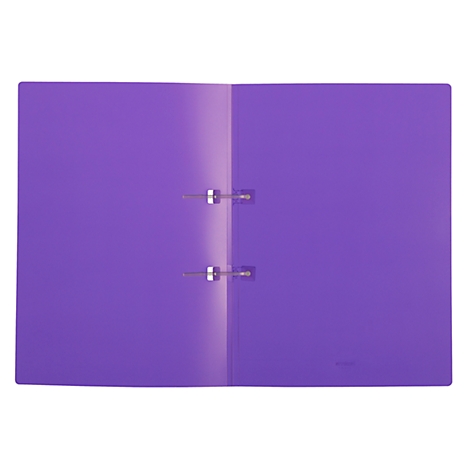 Open, purple folder with metal clips. On a white background.