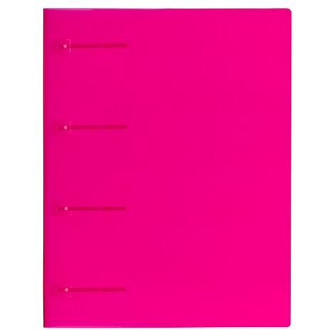 A bright pink binder with metal rings for filing paper.