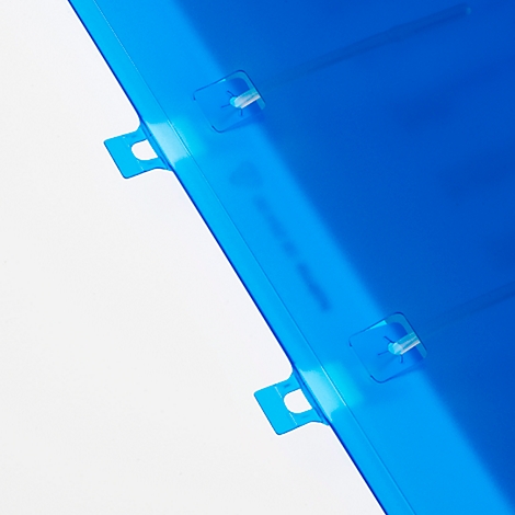Close-up of a blue plastic part with hangers and clips on a white background.