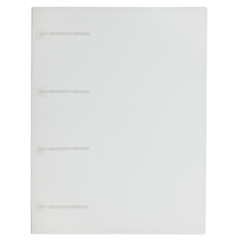 White binder with four metal brackets, front view.