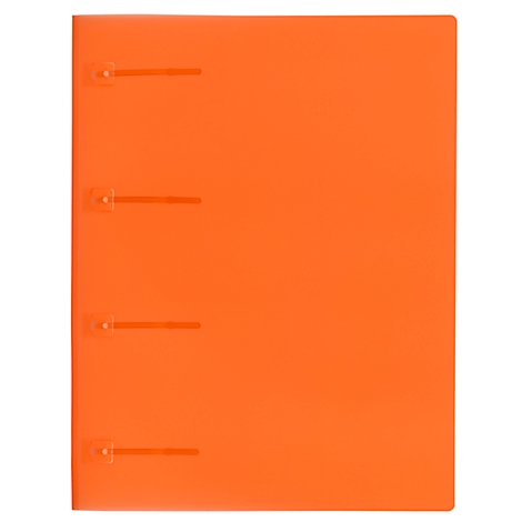 An orange folder with four transparent closures arranged horizontally.