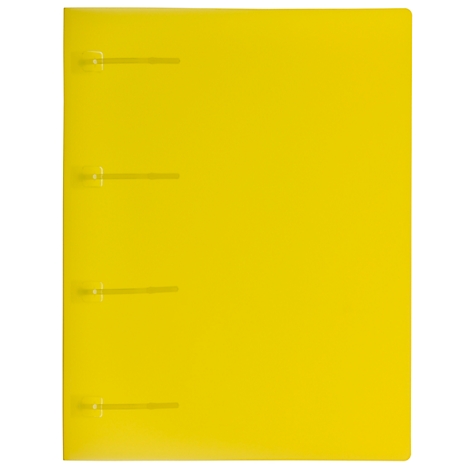 A yellow binder with metal rings, viewed from above.