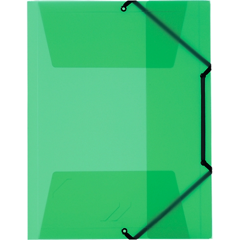 Green document folder with black elastic band closure. Vertical rubber bands crossing the folder.