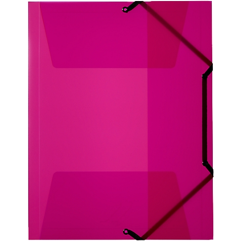 A pink document folder with a black elastic band closure.