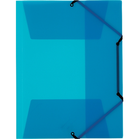 Turquoise folder with rubber bands.