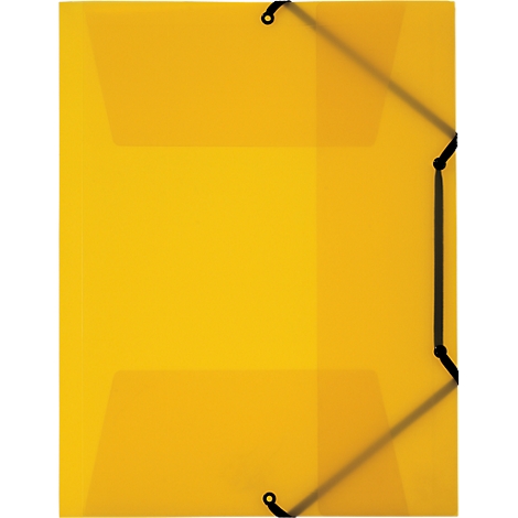Yellow document folder with black elastic band closure.