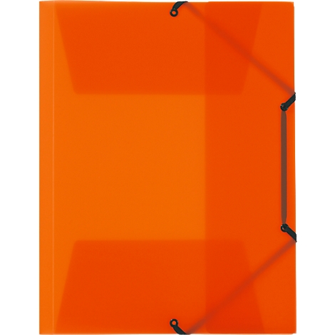 Eine orangefarbene Mappe, die mit schwarzen Gummibändern verschlossen ist.