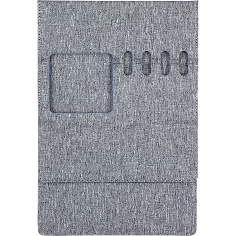 Gray tablet case with a rectangular cutout and four oblong openings. The fabric has a slightly textured surface.