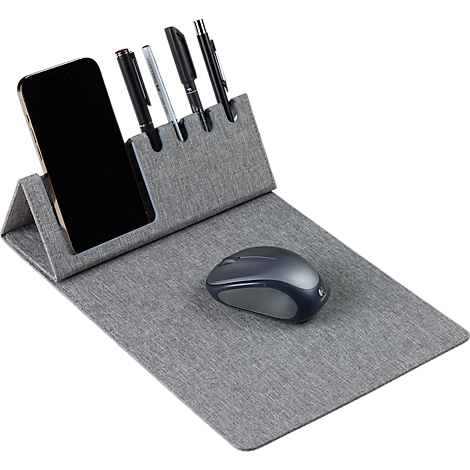 Grey desk set: phone holder, pen holder, mousepad, mouse.