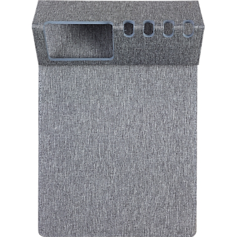 Gray mousepad with integrated storage and three round openings.