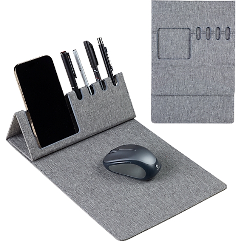 Gray desk set with phone, pen holder, mouse, notepad.