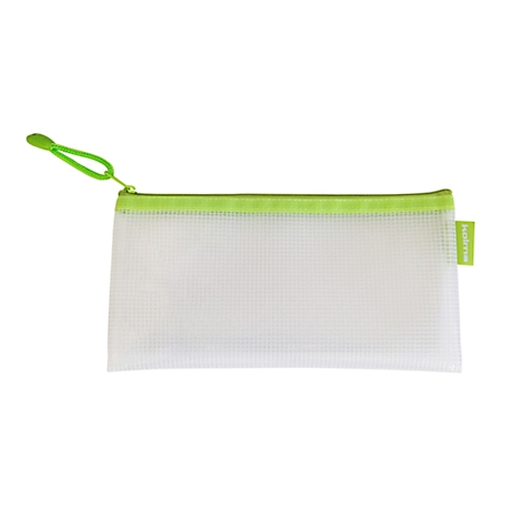 Transparente, weisse Federtasche mit grünem Reissverschluss und Anhänger. Auf der Seite ist ein grünes Etikett.