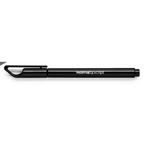 Black pen with silver lettering 'Kolma script'. The clip is angular.