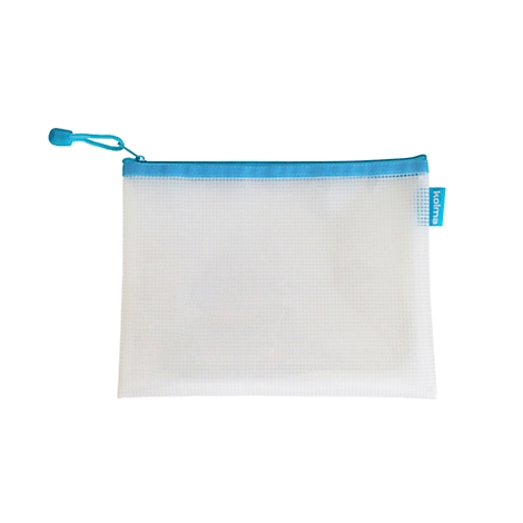 Transparent bag with a blue zipper and pull. On the right side is a small blue label with text.