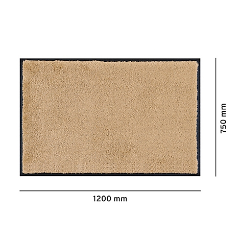 Beigefarbene Fußmatte mit schwarzem Rand, Maße 1200 x 750 mm.