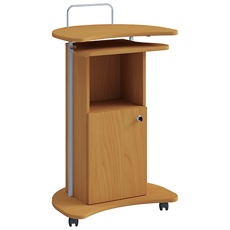 Rolling wooden side table with top shelf, cabinet, and handle.