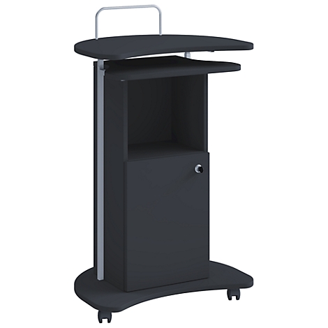 Dark gray presentation stand with shelves, cabinet and wheels. A handle is on top.
