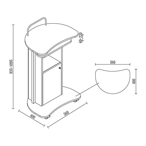 Standing desk with dimensions, top view of the work surface, with handle and castors. Shown on a white background.