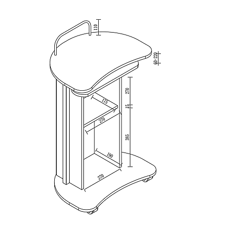 Engineering drawing of a lectern with dimensions. The lectern has a curved work surface, a shelf and castors.