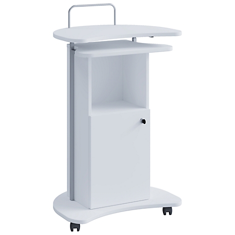White, rolling laptop stand with shelves, a door, and a handle. Gray metal column.