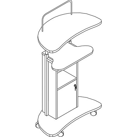 A white standing desk with castors, two work surfaces and a cabinet.