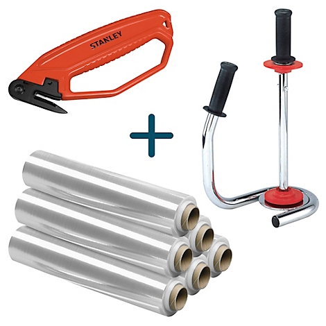 Orange Stanley Cutter, Rollen Stretchfolie, Handabroller. Gezeigt wird die Ausrüstung zum Verpacken.